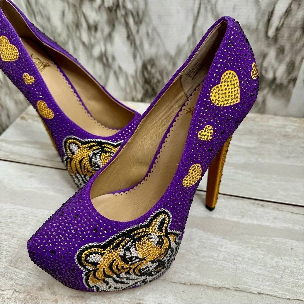 Herstar Women Sz 9 LSU Tigers Crystal Heels Pumps Shoes Purple Gold Glitter Glam